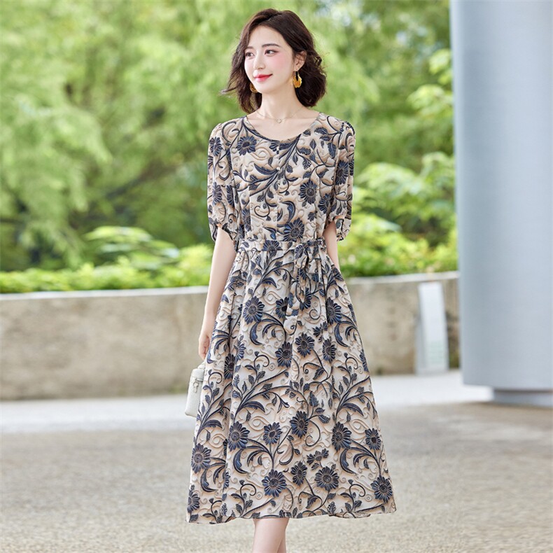 黄色法式度假感浪漫风圆领夏季宽松气质显瘦中长款连衣裙子,女装连衣裙,梦懿尔