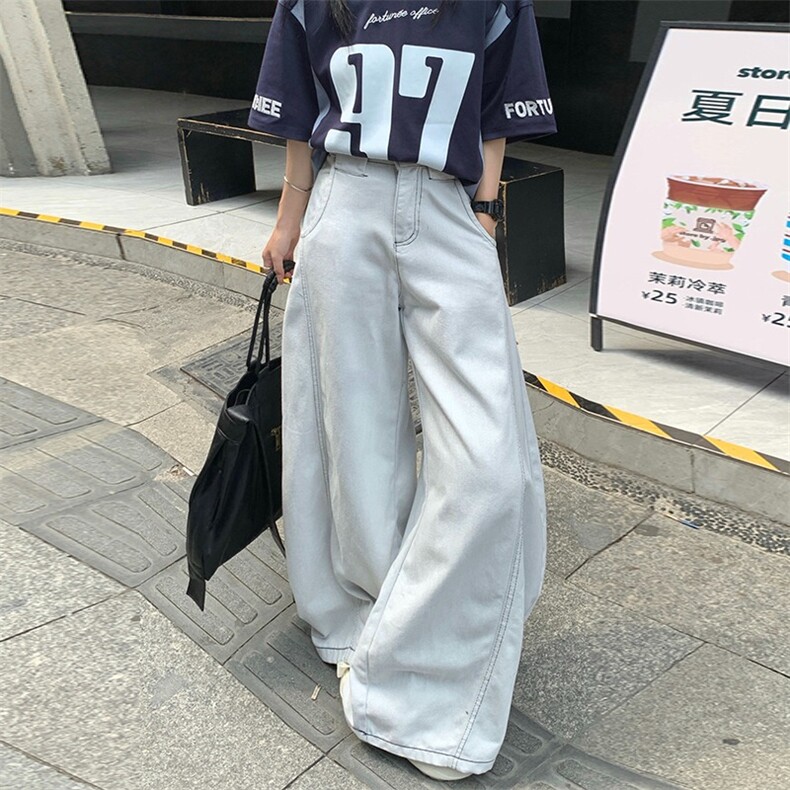 美式宽松阔腿水洗做旧弯刀蓝牛牛仔裤廓形垂感休闲百搭,男装牛仔裤,星座506A
