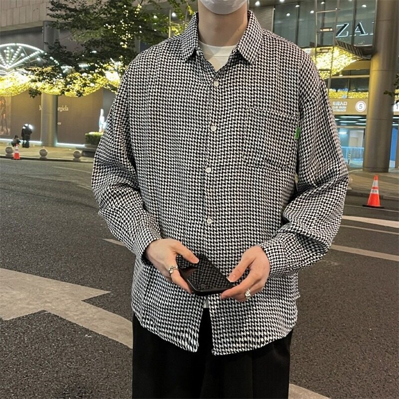 男士春秋季港风高街复古千鸟格上衣宽松大码百搭衬衣外套2227/P36,男装衬衫,星座506