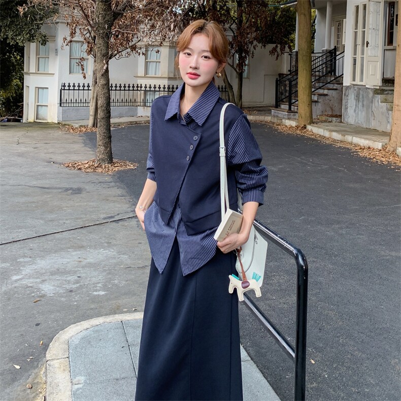 深蓝色假两件拼接条纹衬衫套装裙女春秋新款韩系气质显瘦两件套潮,女装套装/套裙,2C115