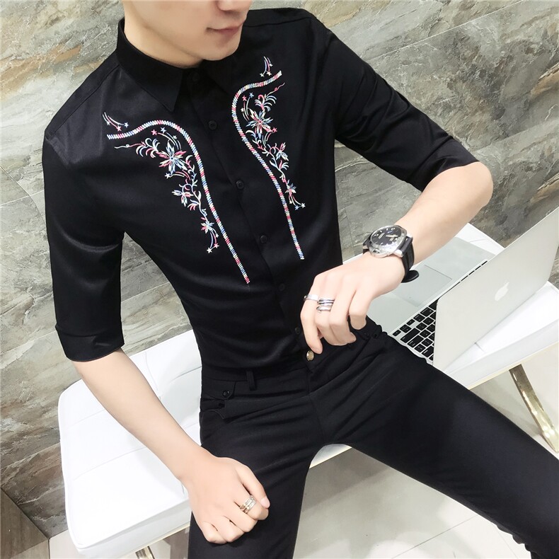 18夏男韩版修身衬衫发型师七分袖工作服刺绣个性中袖衬衫S03-P55,男装衬衫,星座419（原A233）