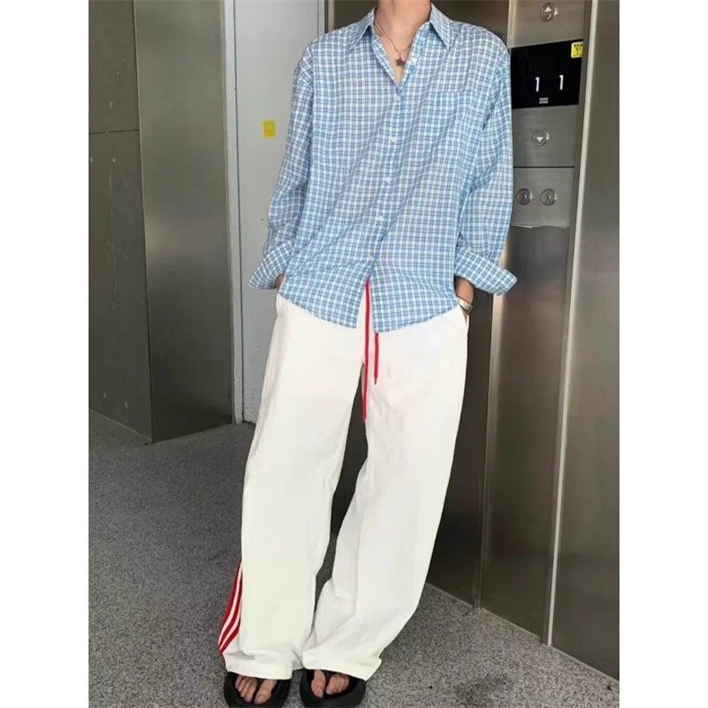 翻领格子双层棉纱长袖衬衫女秋季新款休闲宽松衬衣显瘦上衣,男装衬衫,星座506A