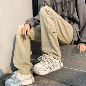 窄版直筒牛仔裤男款美式高街裤子水洗做旧黄泥修身微喇长裤N1082图片