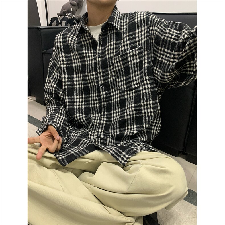 现货~磨毛格子大码长袖衬衫C5891/特P25黑,男装衬衫,电商A094