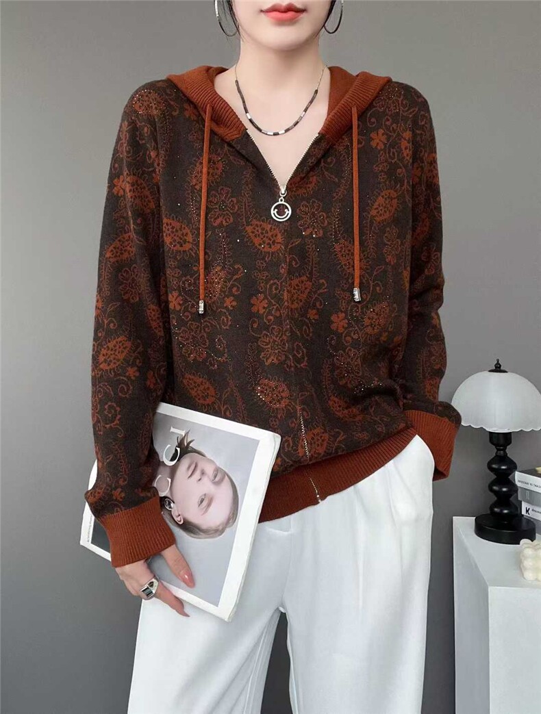 2025年秋季单件单件通勤长袖连帽拉链开衫，女装羊毛衫，斯尔特羊绒