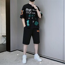 新款夏季潮流时尚T恤男装青少年宽松休闲吸汗透气套装F310P58，男装休闲套装，电商A086