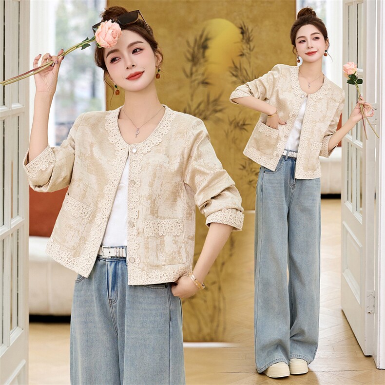 小香风外套女2025开春新款高级感超火洋气新中式短款白色蕾丝上衣，女装短外套，布芭啦