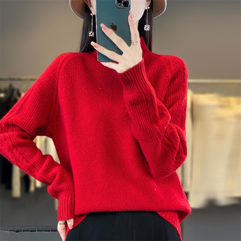 秋冬100%纯羊毛衫女半高领提花加厚亮丝针织毛衣宽松保暖羊绒上衣图片