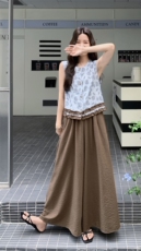松弛慵懒风木耳边印花上衣两件套2025夏季日系简约复古阔腿裤套装，女装套装/套裙，2C258