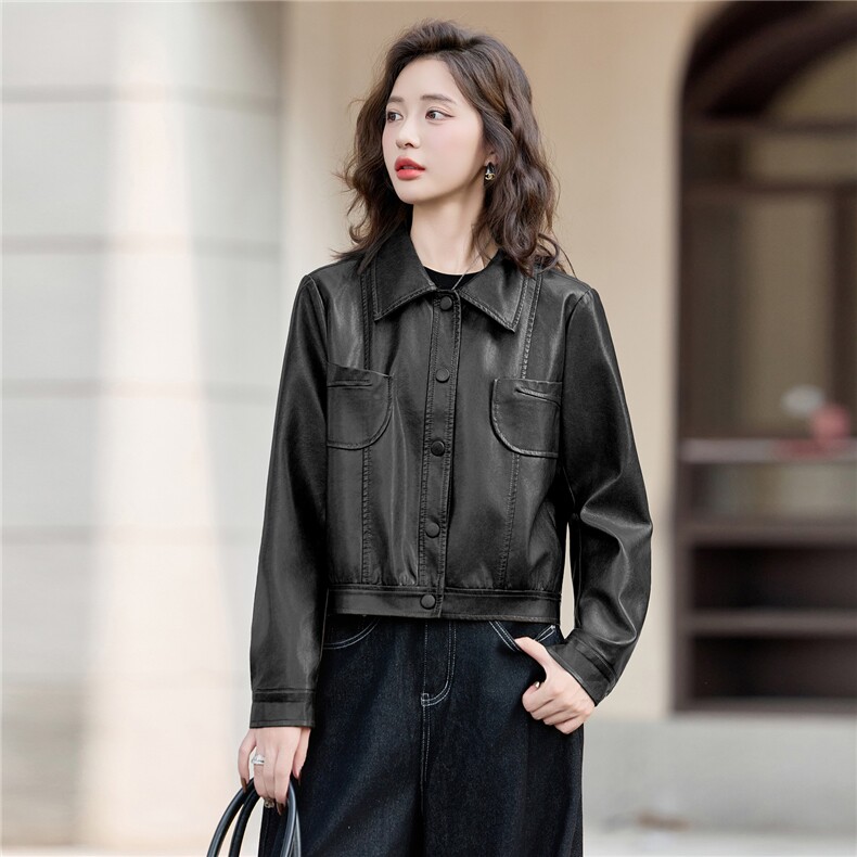 2025秋季新款翻领是谁潮流皮衣外套机车服,女装皮衣,1C078