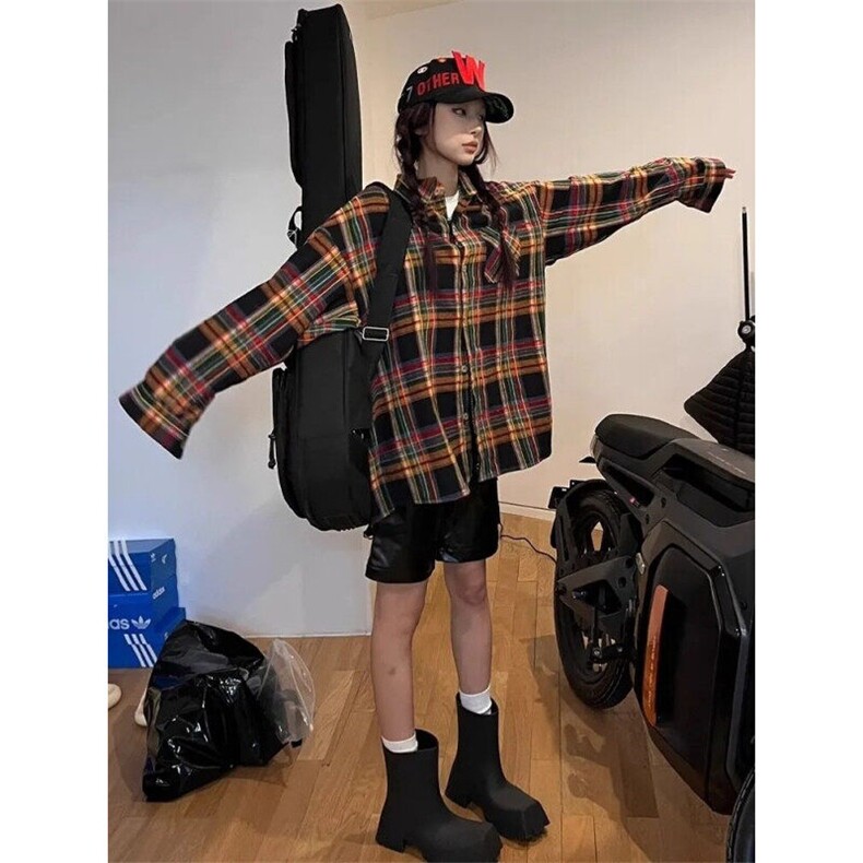 美式复古拼色格子衬衫男女春秋格子polo领长袖衬衫外套女 CY31图片