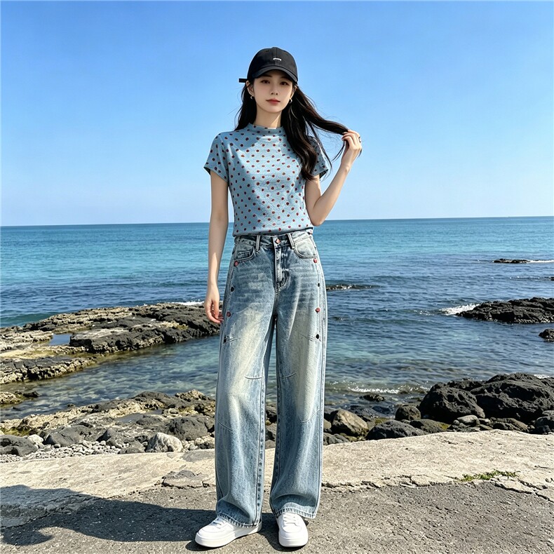 时尚休闲减龄套装女夏季新款波点短袖上衣高腰阔腿牛仔裤两件套潮,女装套装/套裙,江南