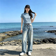 时尚休闲减龄套装女夏季新款波点短袖上衣高腰阔腿牛仔裤两件套潮，女装套装/套裙，江南