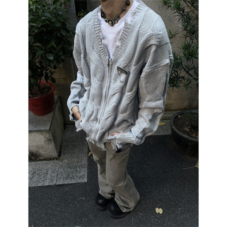 现货网络图美式学院风破坏毛边拉链开衫毛衣针织衫,男装针织衫/毛衣,星座807-3
