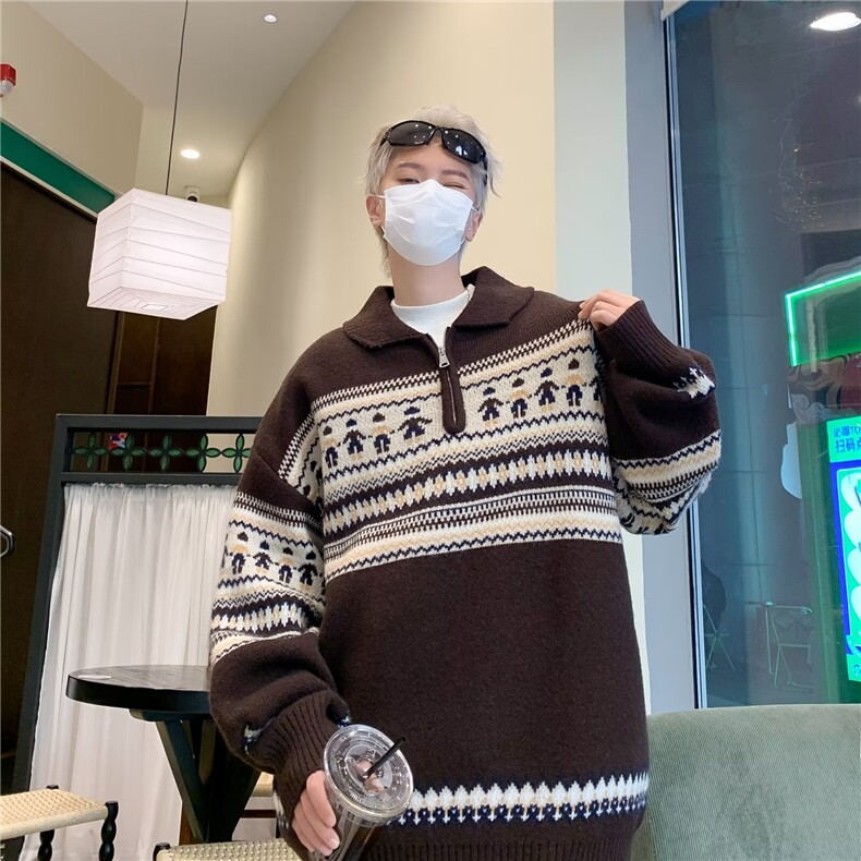 复古提花减龄针织衫毛衣男女百搭拉链套头情侣厚上衣冬季3165/P60,男装针织衫/毛衣,星座506