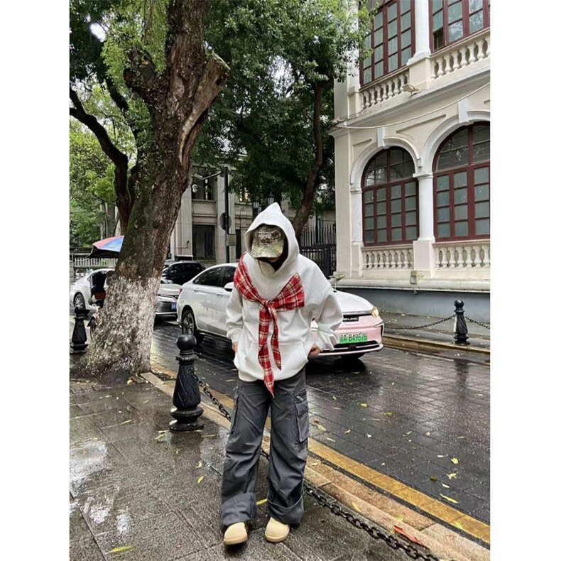 W10274-P53网图现货320克华棉美式高街连帽卫衣设计感格子披肩,男装卫衣,星座1608
