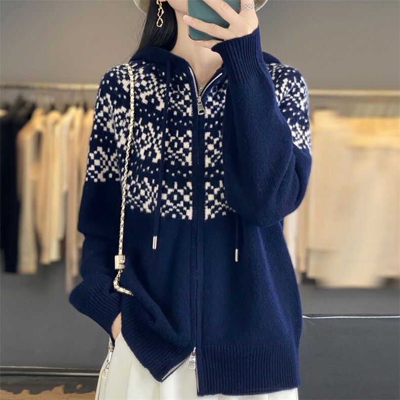 开衫女25秋冬加厚宽松连帽拉链费尔岛提花针织毛衣外套,女装羊毛衫,大美人高端店
