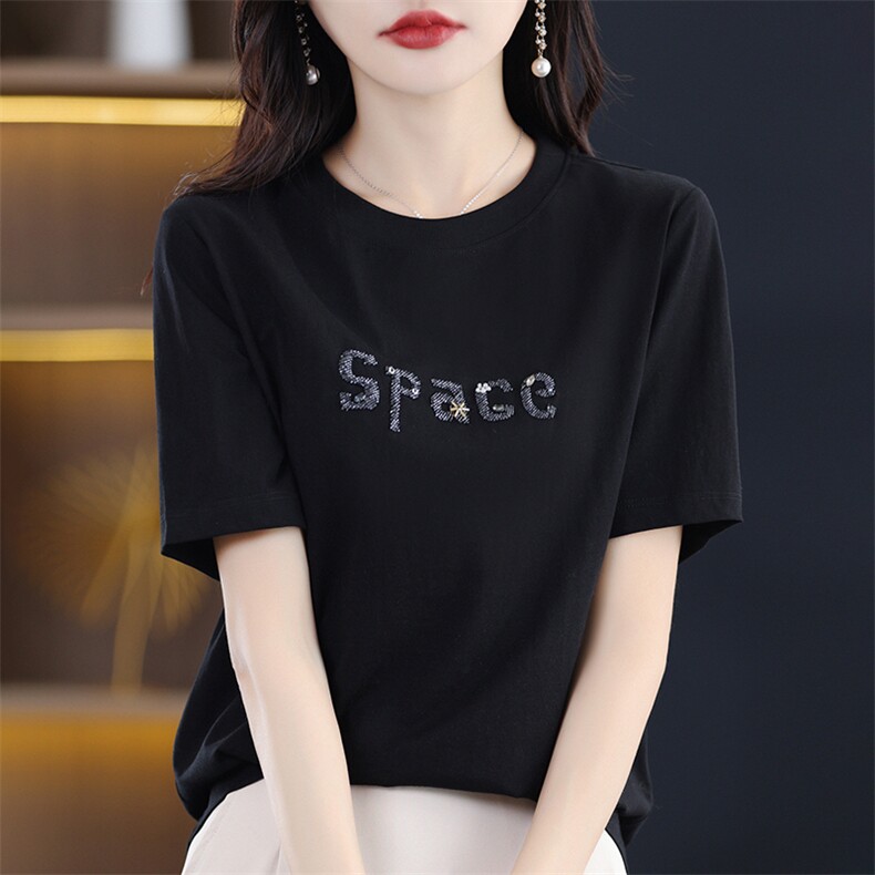 夏季新款刺绣丝光棉短袖t恤女半袖减龄正肩上衣,女装T恤,暖烁羊绒
