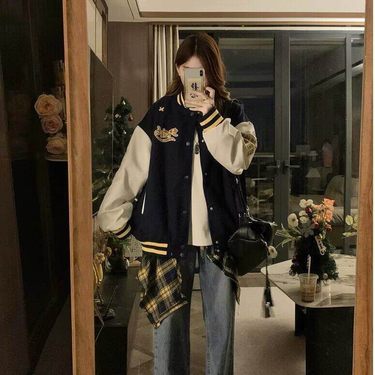 美式复古拼接刺绣字母棒球服春秋季新款宽松韩版学生百搭外套女潮，女装短外套，星座506A