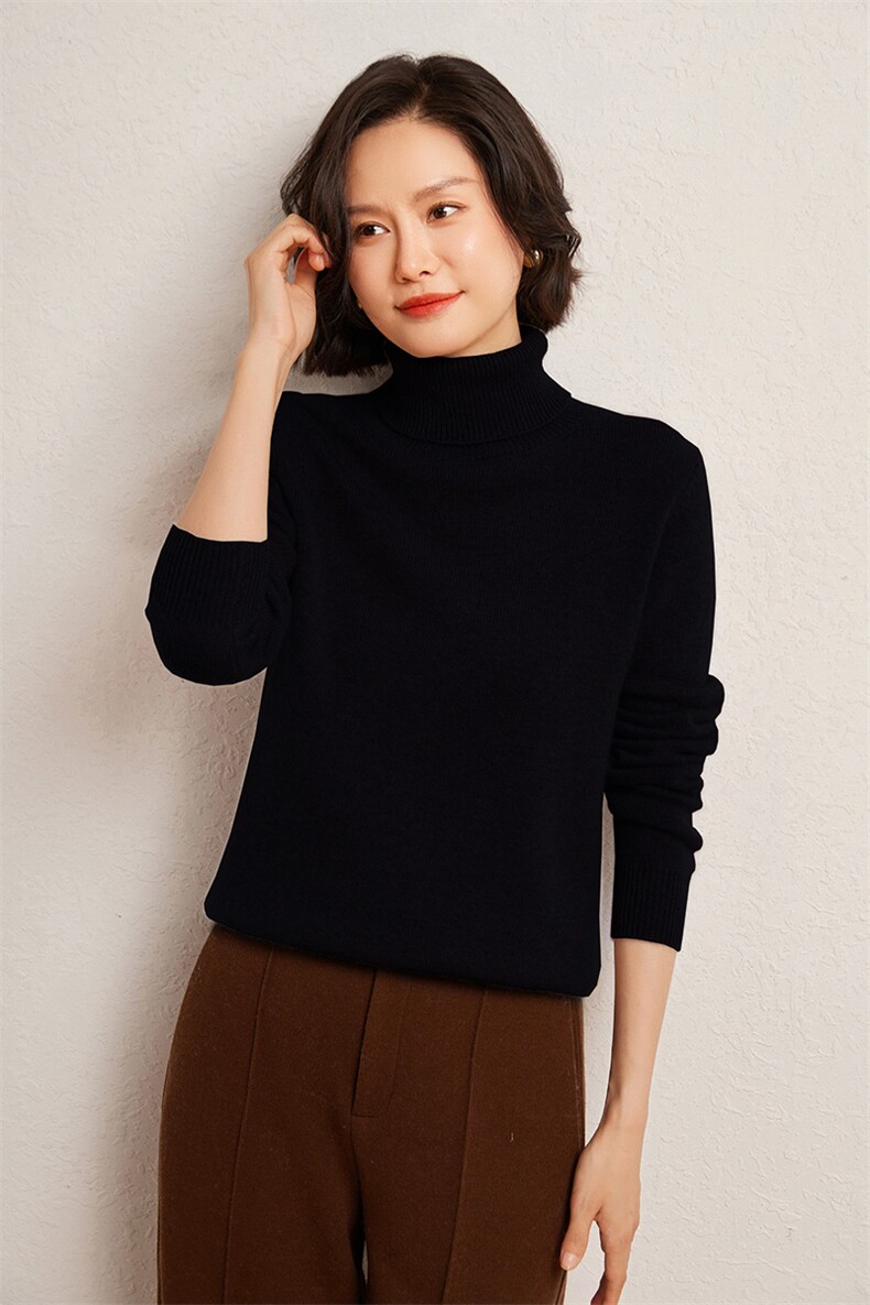 秋冬季35%羊绒65%羊毛休闲百搭7针加厚高翻领羊绒衫,女装羊绒衫,广悦羊绒
