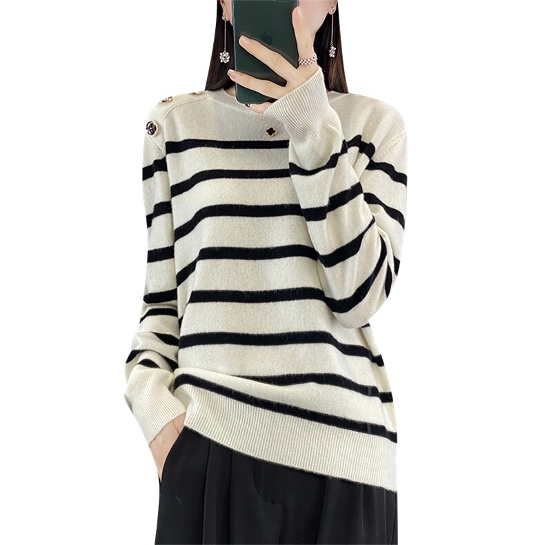 新款时尚撞色条纹小香风钉珠圆领羊毛衫女秋冬新款宽松显瘦,女装羊毛衫,佑昭祥羊绒