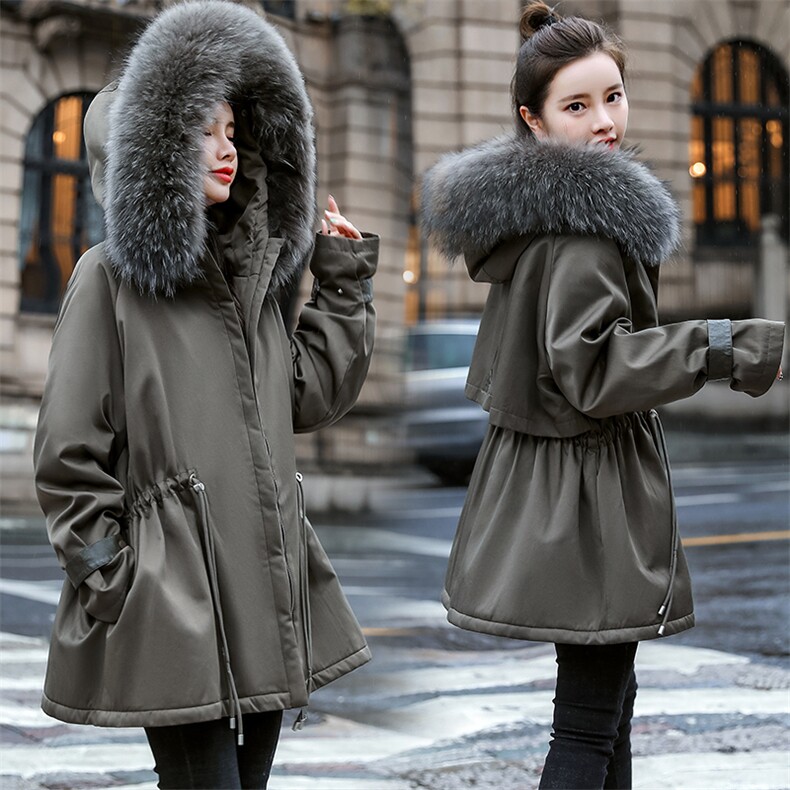 棉衣/棉服2021新款冬仿羊羔毛中长款工装带帽派克服女外套配毛领，女装派克服，瑶迪依秀