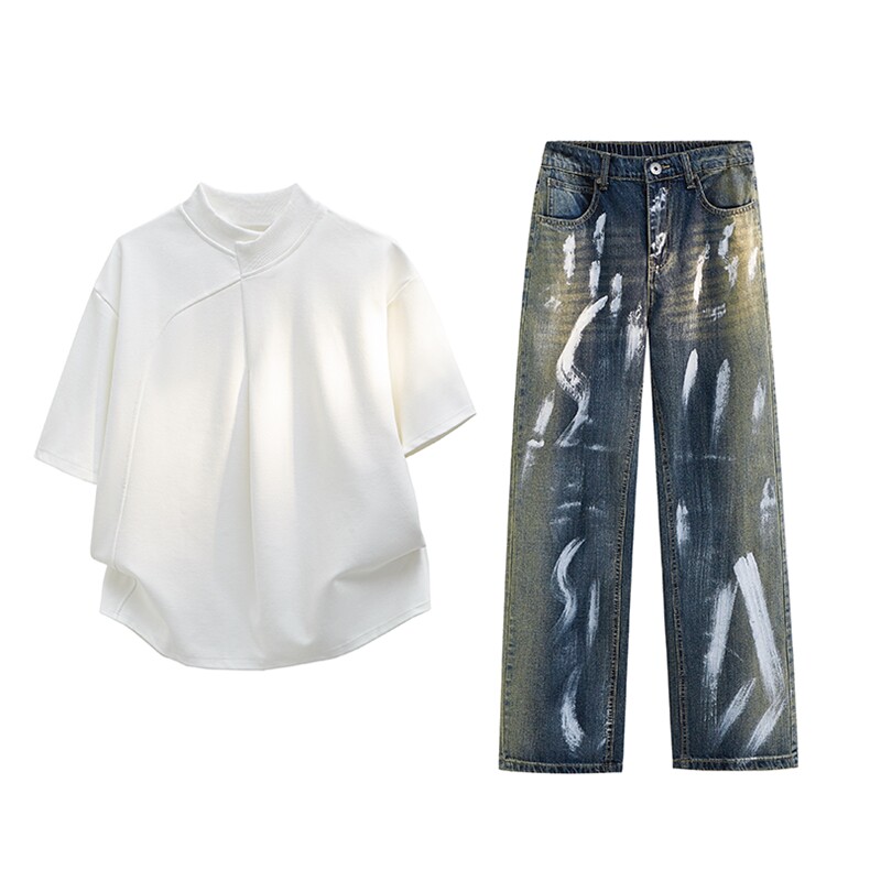 得物套装中式立领拼接短袖搭配复古扎染水洗涂鸦牛仔裤P113，男装休闲套装，电商B319