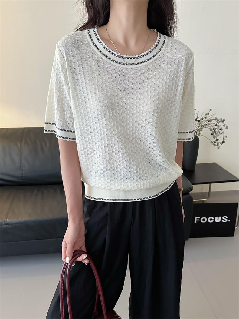 洋气t恤针织衫女2025夏季新款法式复古风短袖宽松百搭上衣打底衫，女装针织衫/毛衣，天佑贝依