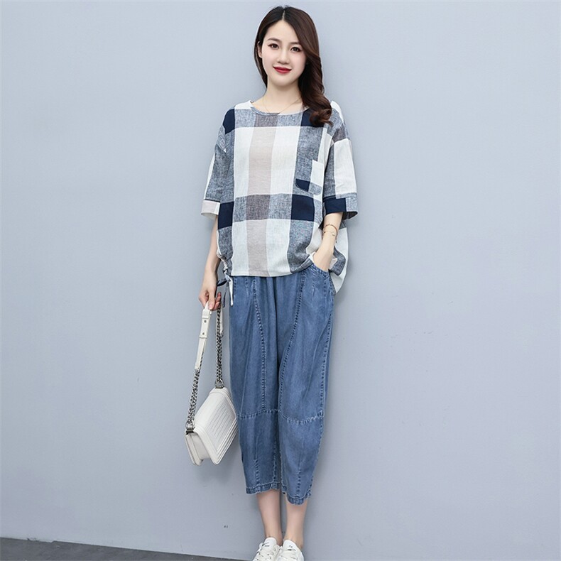 2023夏季棉麻格子时尚简约大方气质优雅休闲透气两件套,女装套装/套裙,独衣靓
