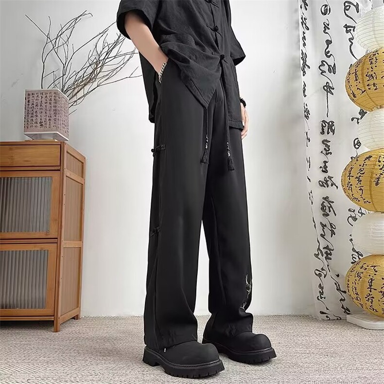 新中式风竹子刺绣潮裤子男垂坠感直筒休闲西裤KX317P42,男装西裤,星座1116-2