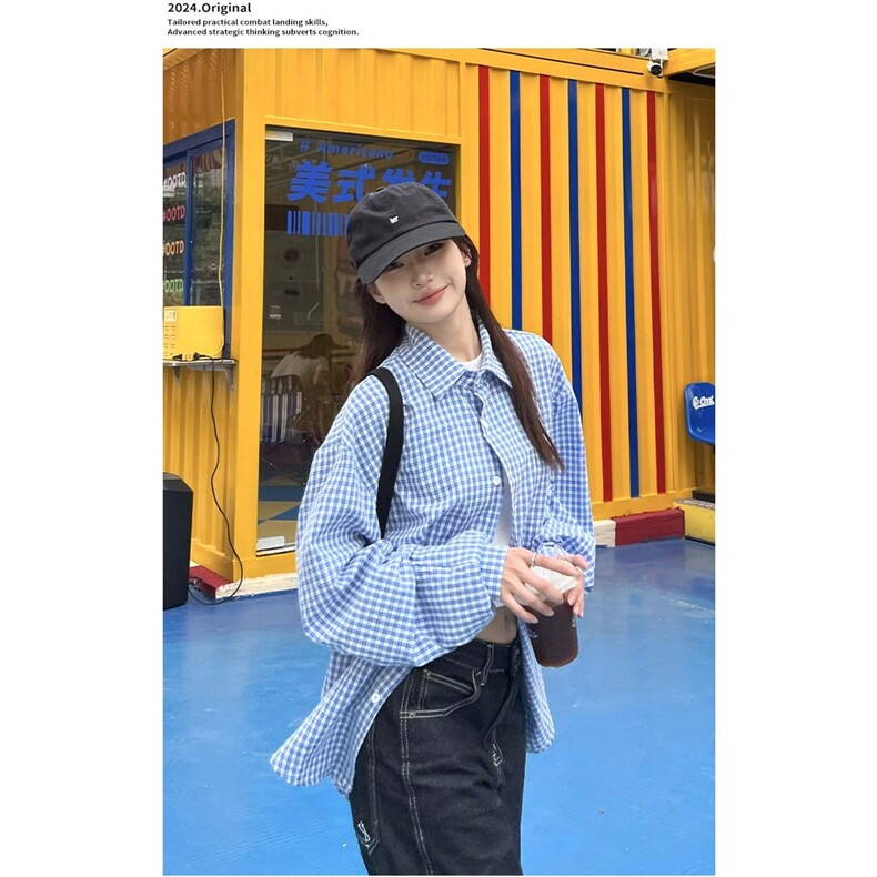 夏日韩版格子蓝色衬衫女宽松男友风衬衣宽松显瘦防晒开衫垂感外套,男装防晒衣,星座1210-1