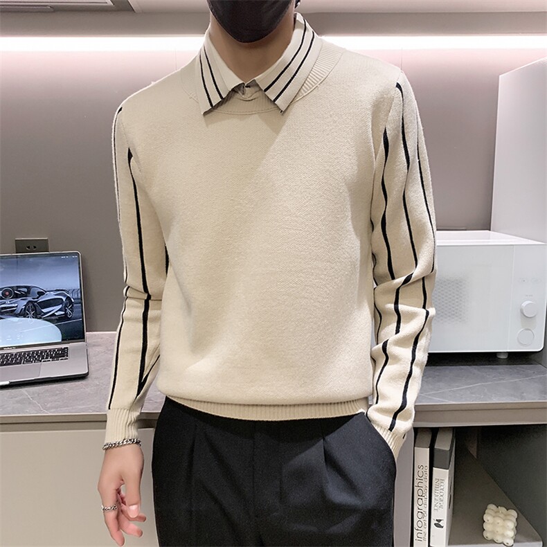 店主风小伙翻领假二件拼接针织长袖毛衣男打底衫301A-1/M60/P75,男装T恤,星座301A-1
