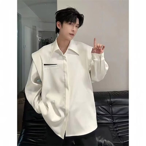 白色假两件垫肩衬衫男设计感小众韩版潮流高级感痞帅长袖衬衣外套图片