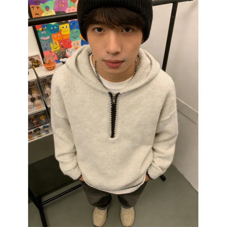 美式半拉链连帽套头针织衫男女同款秋冬外穿慵懒风宽松帽衫毛衣潮,男装针织衫/毛衣,四季星座505