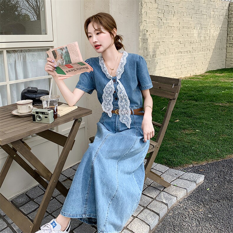 现货法式复古春夏薄款牛仔连衣裙5532-P145-K228,女装连衣裙,2C275