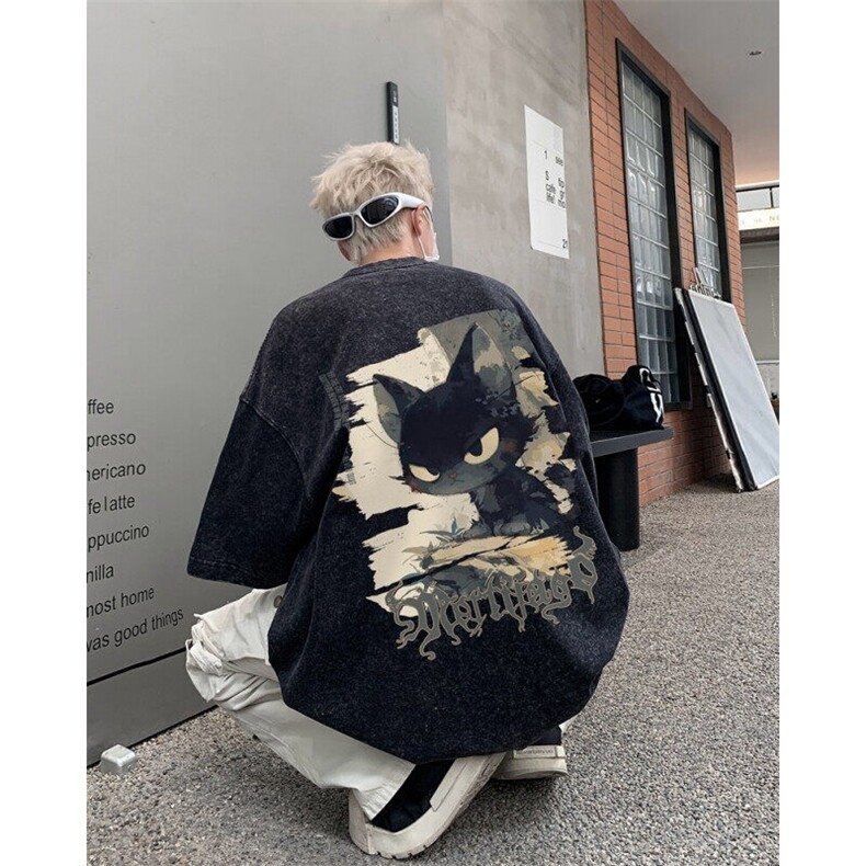 水洗纯棉小领口短袖T恤男夏季潮牌卡通猫咪宽松大码情侣半袖体恤,男装T恤,星座517A-2