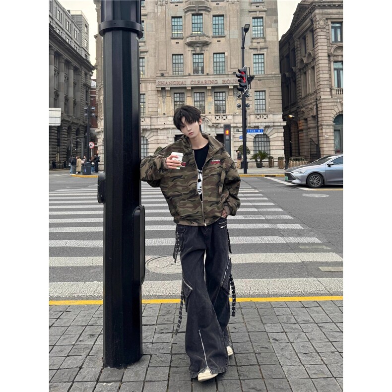 迷彩连帽卫衣外套美式复古街头开衫拉链上衣，女装短外套，星座1210-1