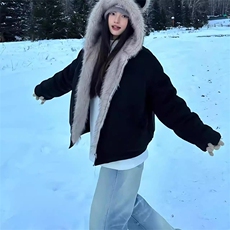 现货重磅硬挺boxy羽绒棉衣座山雕猫耳大毛毛领麂皮棉服冬外套，男装棉衣，电商A486