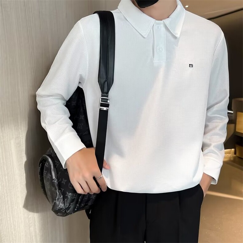 秋季华夫格长袖翻领衫男韩版修身套头卫衣纯色打底衫T恤T550-P35,男装T恤,星座1109-3