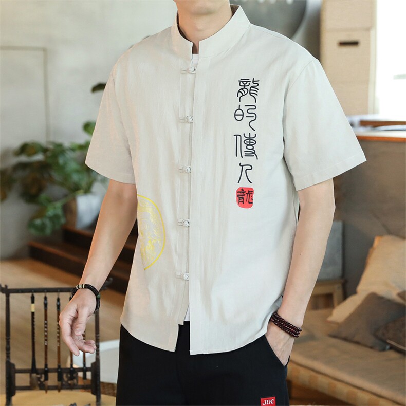 新中式风男短袖盘扣唐装印花棉麻衬衫寸衣C143P33,男装衬衫,电商A056