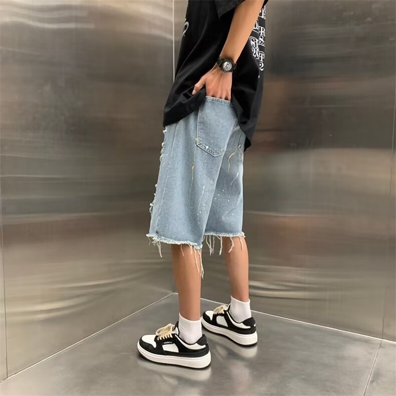 男五分裤休闲青春流行夏季潮慵懒潮流ins潮牌新款泼墨牛仔裤破洞,男装牛仔裤,四季星座218-1