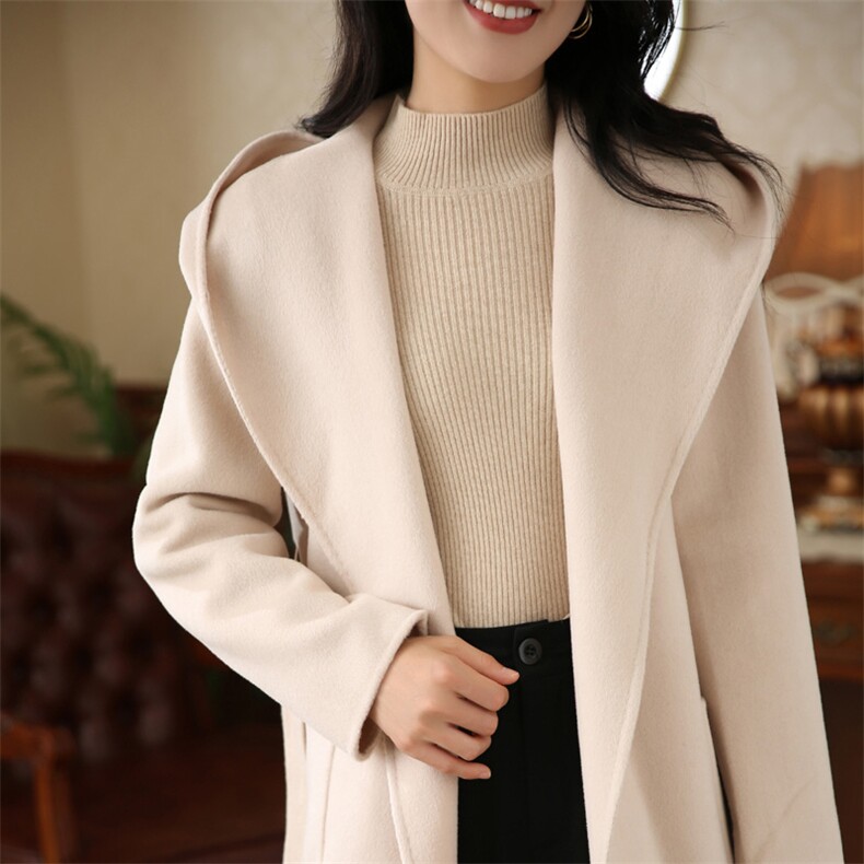 2024设计感连帽羊毛双面呢大衣女外套无扣腰带中长款毛呢子风衣，女装双面呢大衣，悦洋羊绒