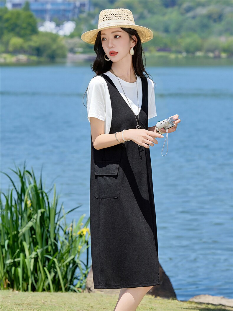 假两件休闲宽松连衣裙女2026夏季新款遮肉显瘦A字裙中长款裙子,女装连衣裙,余墨