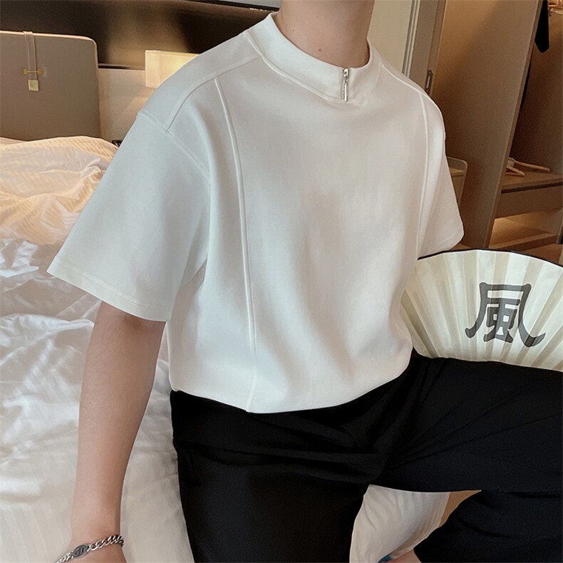 夏季纯色半拉链高级短袖T恤男士设计宽松圆领半袖体恤TX1222-P48,男装T恤,电商B267