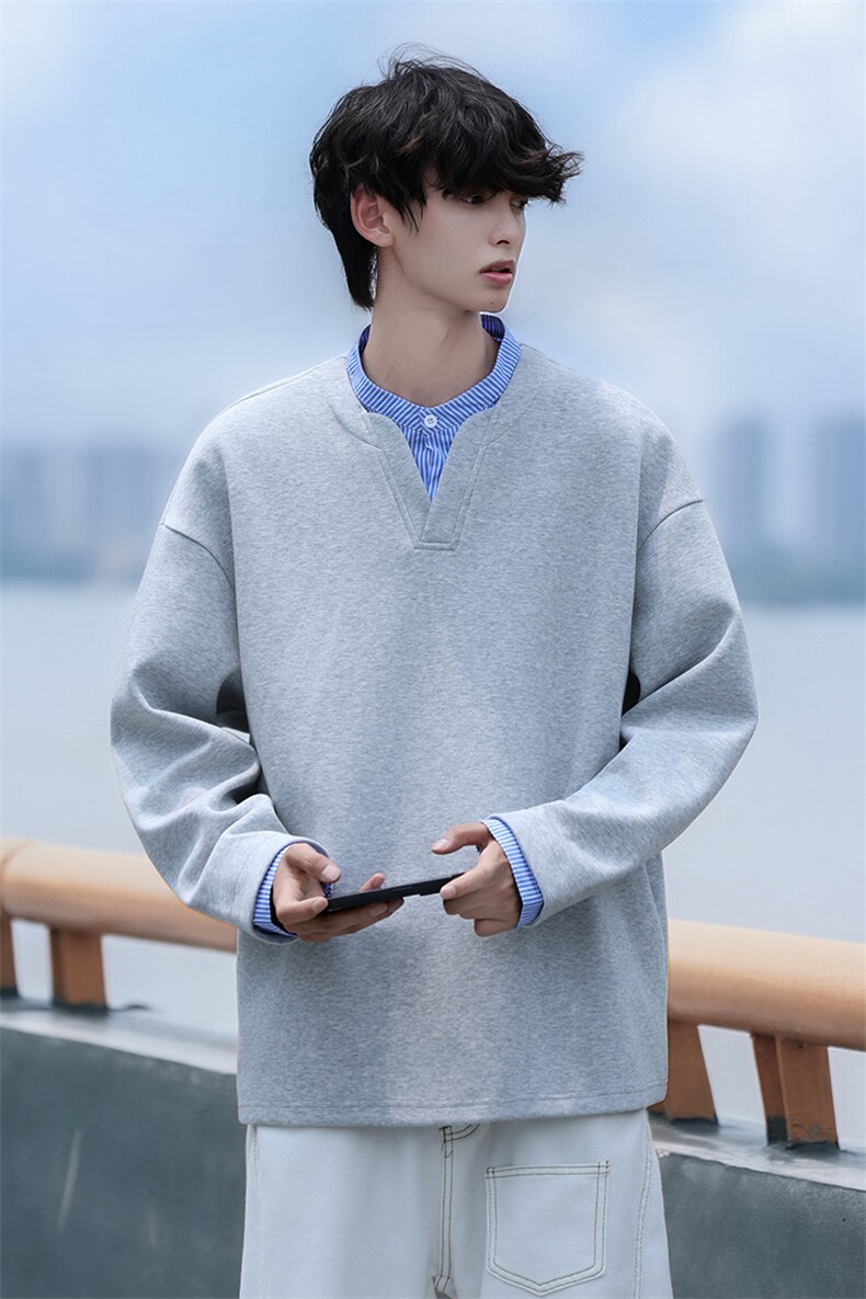 Y503-P45港风假两件小立领卫衣男落肩打底衫潮流百搭上衣外,男装T恤,星座1204