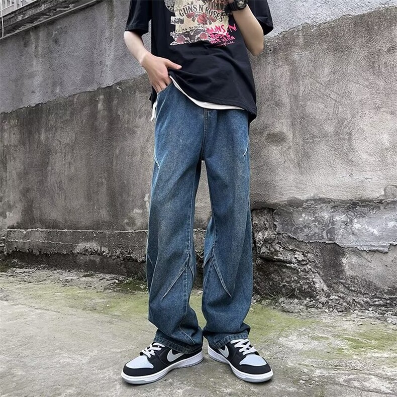 拼接水洗牛仔裤男款秋季潮牌设计感痞帅宽松阔腿长裤N770,男装牛仔裤,星座1116A-1（原606A）