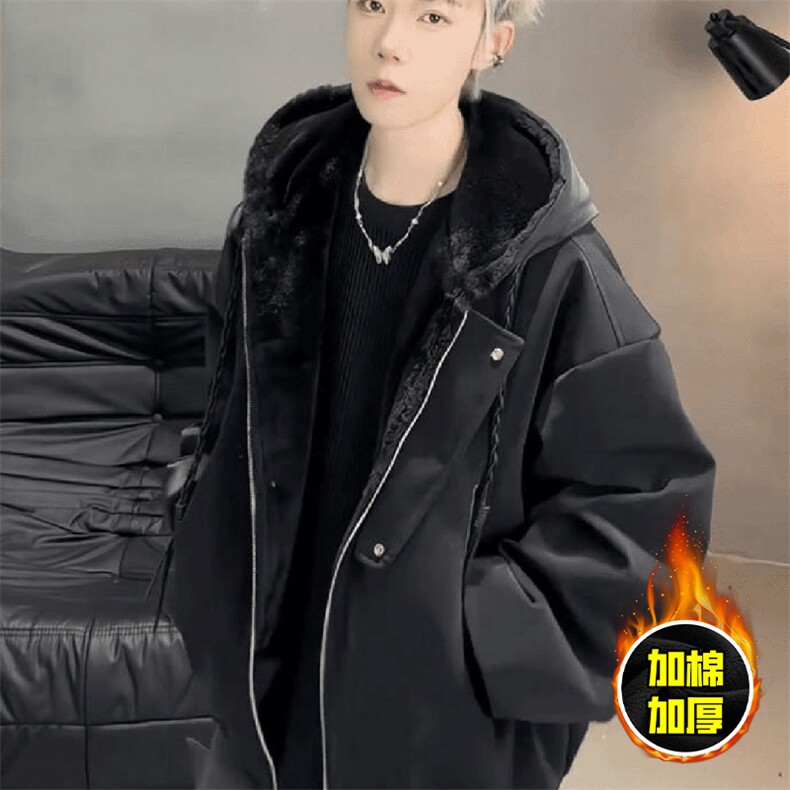 现货高品质美式高街重磅座山雕连帽pu皮棉衣男女加厚毛毛绒冬外套，男装皮衣，电商A486