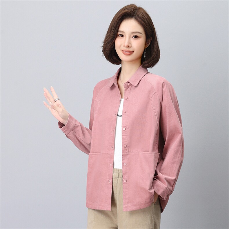 复古灯芯绒长袖衬衫女2024秋季新款宽松纯色百搭休闲开衫外套,女装衬衫,悦见她