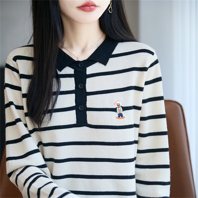 POLO领针织衫女条纹刺绣打底衫2025新款精纺毛衫宽松显瘦翻领毛衣,针织衫/毛衣,郡淞羊绒