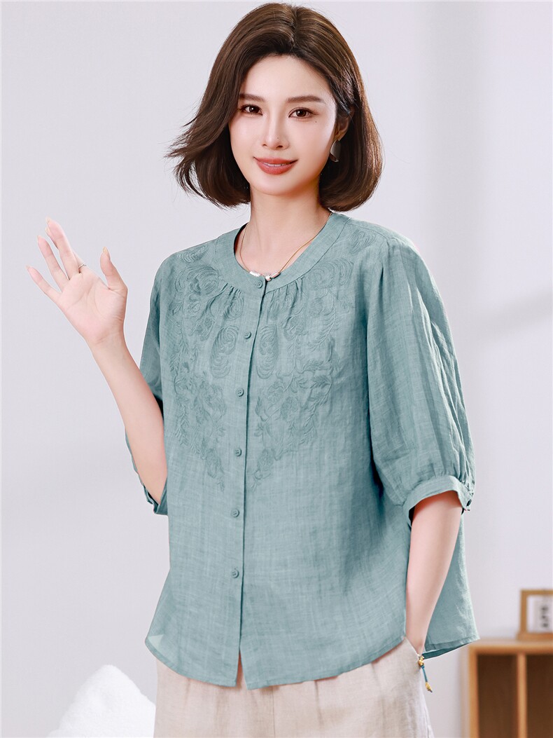 2026夏季苎麻时尚简约大方气质优雅刺绣休闲透气上衣,女装衬衫,独衣靓